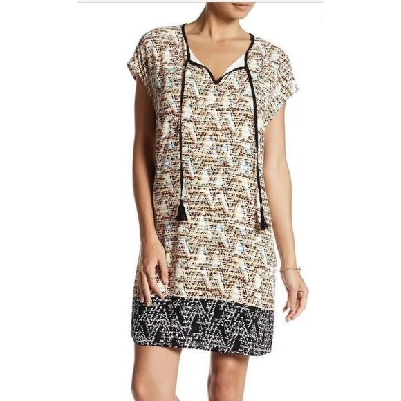 DR2 Daniel Rainn Tunic Dress Printed Cap Sleeve  Size Small Tassels Boho Sheath - Picture 1 of 8
